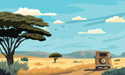 cartoon african safari landscape. savannah adventure. automobile tourism. explore expedition trip. t