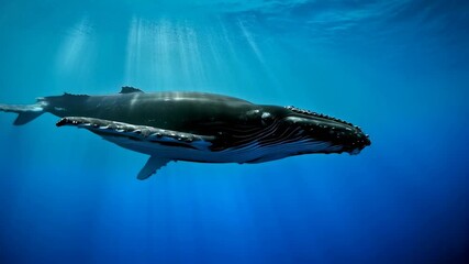 Poster - Majestic humpback whale gracefully glides through the deep blue ocean, illuminated by sunbeams penetrating the surface, creating a breathtaking underwater scene