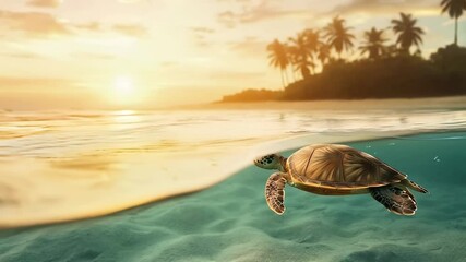 Aufkleber - Green sea turtle gracefully swimming in crystal clear ocean waters near a tropical island adorned with palm trees, all illuminated by the warm glow of a stunning sunset