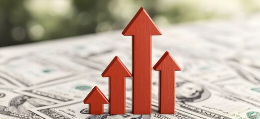Poster - A graphic representation of growth, featuring wooden arrows ascending over a background of dollar bills, symbolizing financial success and investment.