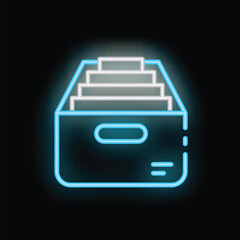 Poster - neon sign of an open cardboard box full of folders with files, documents, or paperwork is glowing on