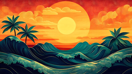 Poster - Abstract background with tropical and Asian colors and waves, featuring a silhouette for Asian American and Pacific Islander Heritage Month