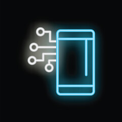 Poster - blue neon icon of a smartphone connecting to a network, representing mobile connectivity and digital