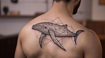 Poster - Geometric Whale Tattoo On Mans Back