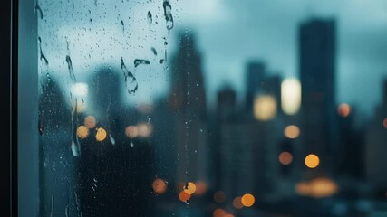 Aufkleber - Raindrops are flowing down a window during a rainy night, blurring the city lights in the background, creating a melancholic and atmospheric urban scene