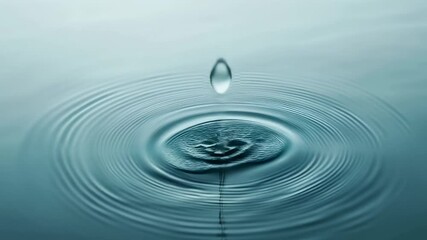 Poster - Single drop of water creating mesmerizing concentric ripples on a calm surface, reflecting the drop and ripples in vibrant shades of blue and turquoise, evoking tranquility and freshness