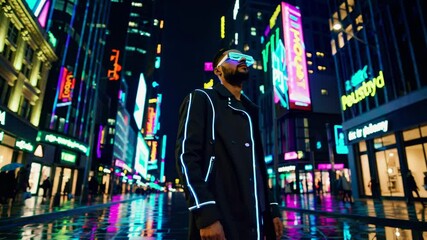 Poster - influencer wearing a futuristic neon-illuminated coat walks through a vibrant cyberpunk city street 