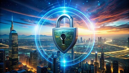Poster - Panoramic Cybersecurity:  Unbreakable Shield & Lock Protecting Digital Assets