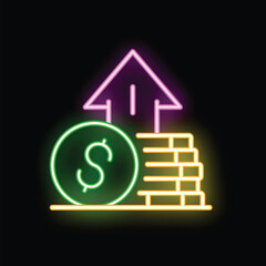 Poster - Neon sign illustrating the concept of financial growth with increasing stacks of coins and an upward arrow