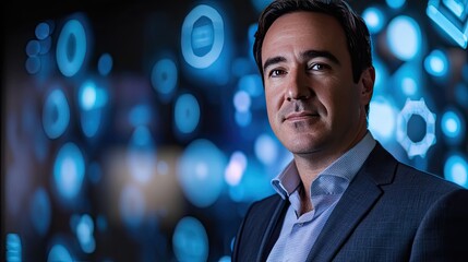Poster - Confident business leader in front of a futuristic AI display with neon lights, signaling innovation and digital transformation