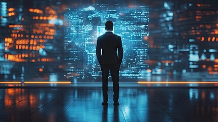Poster - Confident businessman standing in front of a futuristic AI hologram with neon lights, portraying cutting-edge technology
