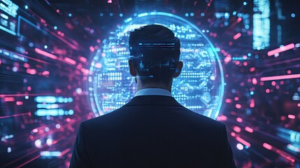 Poster - Confident businessman standing in front of a futuristic AI hologram with neon lights, portraying cutting-edge technology