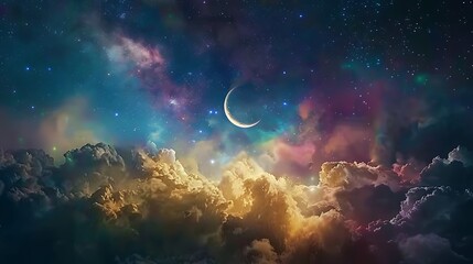 Wall Mural - A serene cosmic scene with a crescent Earth rising over a colorful nebula