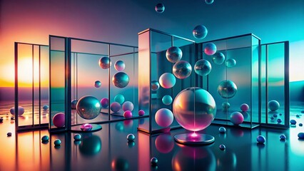 Poster - Panoramic Gradient Background with Floating Spheres and Glass Partition - Glass Morphism Design