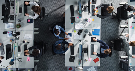 Aufkleber - Top Down View of Diverse Colleagues Working In Corporate Office of Law Firm. Using Desktop Computers, Discussing Documents, Analyzing Data. Concept of Teamwork and Professional Business Environment
