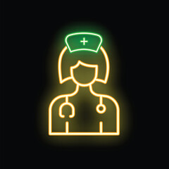 Wall Mural - Glowing neon icon of a healthcare professional wearing a stethoscope and hat