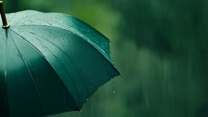 Aufkleber - Close up of a green umbrella with raindrops on a blurred rainy background, creating a moody and atmospheric scene of protection and shelter during a downpour