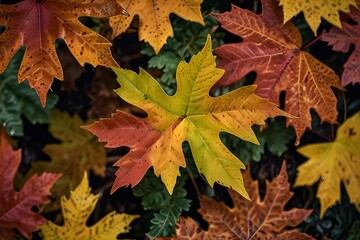 Wall Mural - Close-up of northern red oak or champion oak (Quercus rubra) leaves in a forest in autumn, Upper Palatinate, Bavaria, Germany Generative AI