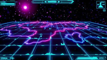Poster - futuristic neon grid displaying progress bars, territory lines, and other data visualizations, creat
