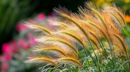 Sticker - Golden ornamental grass swaying gently in a garden.