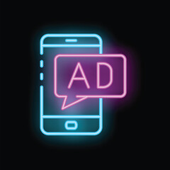 Poster - Neon sign showing a smartphone with an advertising speech bubble, concept for online advertising on mobile phone