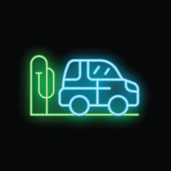 Poster - Electric car charging at station with neon effect on black background