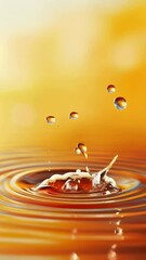Poster - Golden liquid splashing and creating a crown shaped formation with droplets suspended in mid air, generating concentric ripples that spread across the golden surface