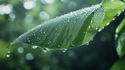 Aufkleber - Sparkling water droplets cling to a vibrant green leaf, capturing the essence of a refreshing morning dew or gentle rainfall in a lush, natural setting, creating a serene and calming atmosphere