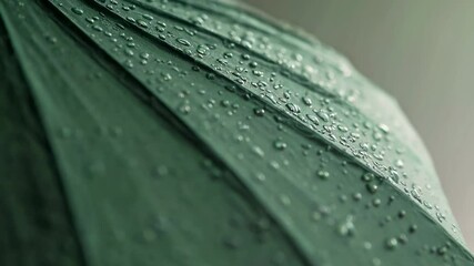 Aufkleber - Water droplets accumulating on the surface of a vibrant green umbrella during a rainstorm, forming a captivating pattern that highlights the beauty of nature's elements