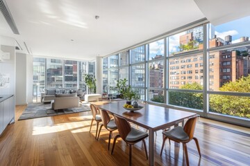 Poster - Inviting dining area with midcentury modern table and sleek chairs urban apartment interior photography bright environment contemporary view elegant concept
