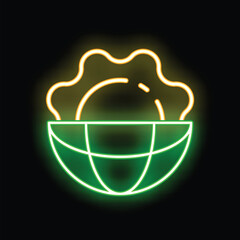 Poster - neon icon of a brain covering a world representing global intelligence, connection and ideas