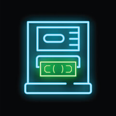 Poster - Glowing neon atm machine dispensing cash money banknotes on a black background