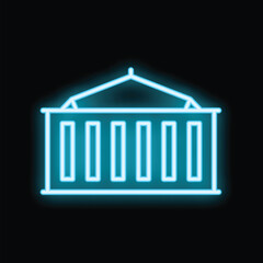 Poster - blue neon glowing symbol of a shipping container being lifted, isolated on a black background