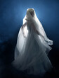 © faestock - full length portrait beautiful blonde fantasy maiden faery wearing medieval fairytale ballgown costume, veiled white hooded cape. standing pose  isolated dark studio background with smoky fog effect