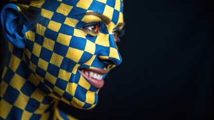 Wall Mural - A closeup view reveals a person with their face painted in an eyecatching checkerboard pattern featuring bold shades of electric blue and bright yellow. The neon squares create a