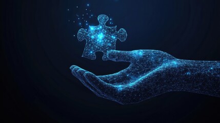 Poster - Hand holding puzzle piece against a glowing blue background in a conceptual representation