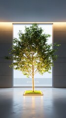 Poster - Elegant minimalist tree under bright studio illumination modern space visual balance angled view realistic composition
