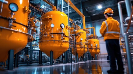Poster - Industrial chemical plant with pipelines tanks and workers in safety gear monitoring equipment and machinery
