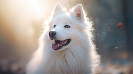 Wall Mural - Portrait of a Cute White Samoyed Puppy - Close-Up Canine Pet Animal Husky Dog