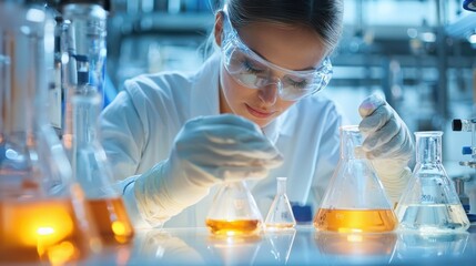 Poster - Scientist conducting scientific research or analysis in a chemistry laboratory using glassware and laboratory equipment