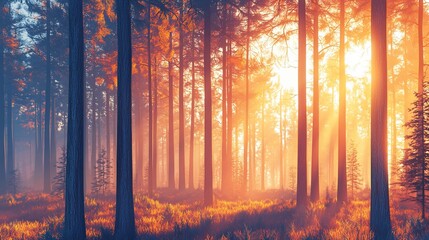 Wall Mural - Sunbeams illuminating misty autumn forest.