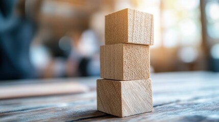 Poster - Wooden blocks stacked in a neat arrangement on a table surface creating a minimalist background