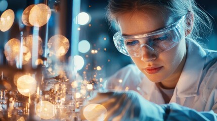 Poster - Female Scientist Conducting Meticulous Chemistry Experiment in Modern Laboratory with Sophisticated Equipment