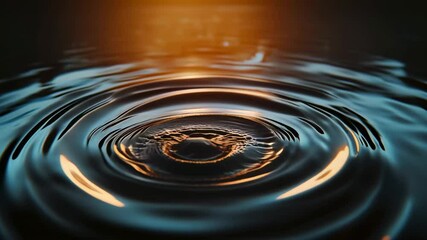 Poster - Droplets falling onto a dark water surface, creating ripples that expand into concentric circles, while warm sunset light reflects in golden and orange hues, evoking tranquility