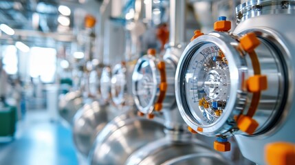 Poster - Close up view of industrial factory machinery and equipment with various pipes valves gauges and control panels
