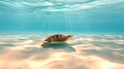 Aufkleber - Sunbeams illuminate a sea turtle swimming gracefully over a sandy seabed in pristine, clear tropical water, creating a serene underwater scene