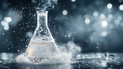 Poster - Transparent Glass Beaker with Smoke Swirling Inside a Dark Sparkling Laboratory Environment