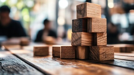 Poster - stack of wooden blocks arranged neatly on a table in a well-lit indoor setting