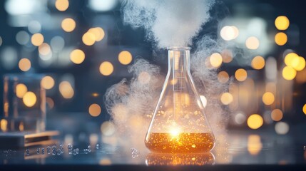 Poster - Smoking laboratory glassware emitting orange glow during scientific experiment or research process
