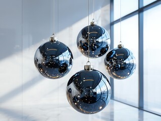 Poster - Elegant monochromatic baubles hanging in a contemporary interior design space close-up perspective with soft shadows